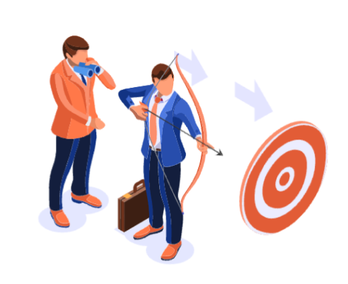 Two professionals aiming an arrow at a target
